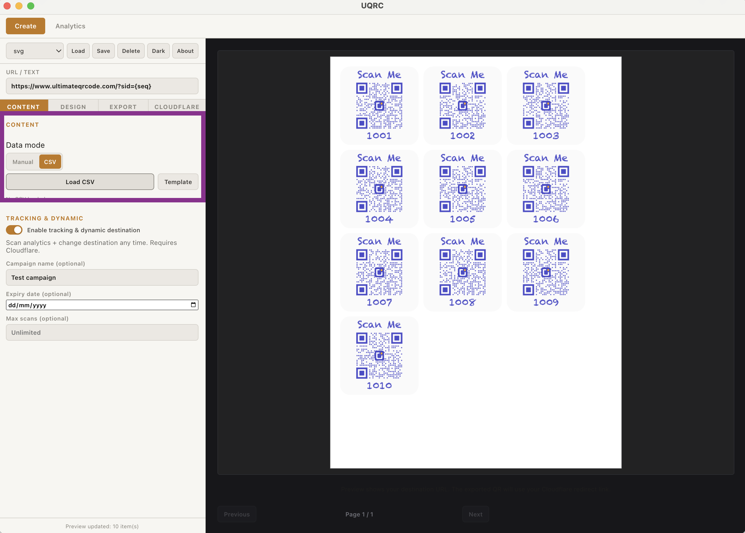 Ultimate QR Codes bulk CSV generation screenshot